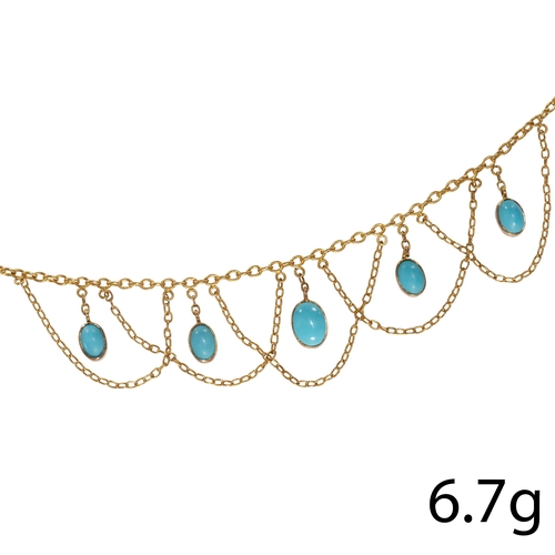 201 - ANTIQUE TURQUOISE DROP NECKLACE,
Suspending 5 cabochon cut turquoise drops.
L. 36 cm.
6.7 grams.