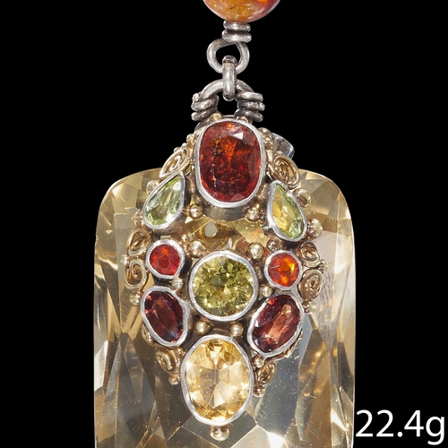 101 - RARE ARTS AND CRAFTS MULTI-GEMSTONE FOB BROOCH,
Suspending a large smoky quartz of approx. 30.2 x 22... 