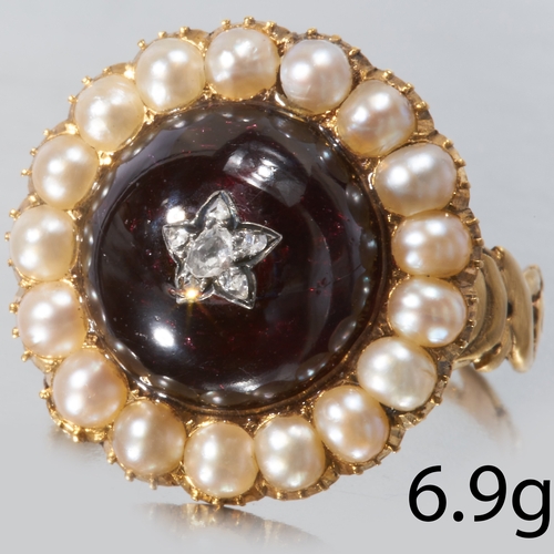 117 - ANTIQUE VICTORIAN DIAMOND GARNET AND PEARL CLUSTER RING,
High carat gold.
Vibrant cabochon cut garne... 