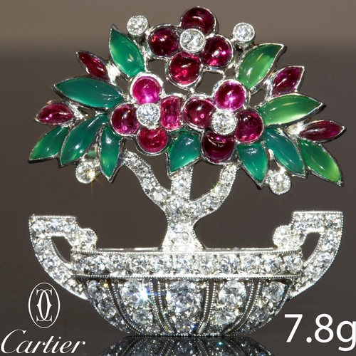 120 - CARTIER, IMPORTANT ART-DECO DIAMOND, RUBY AND JADE FLORAL BROOCH
Platinum.
Diamonds bright and livel... 