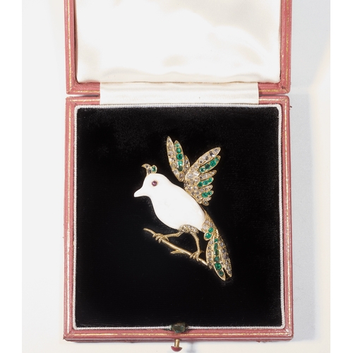 135 - UNUSUAL ANTIQUE OPAL DIAMOND AND EMERALD BIRD BROOCH,
High carat gold.
Opal with good play of colour... 