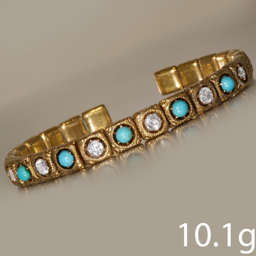 146 - VICTORIAN GOLD TURQUOISE AND DIAMOND BANGLE.
Set with bright and lively diamond.
Vibrant matching tu... 