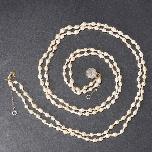 148 - ANTIQUE 2-ROW PEARL NECKLACE AND DIAMOND CLASP,
The 2 rows alternated with a larger and smaller pear... 