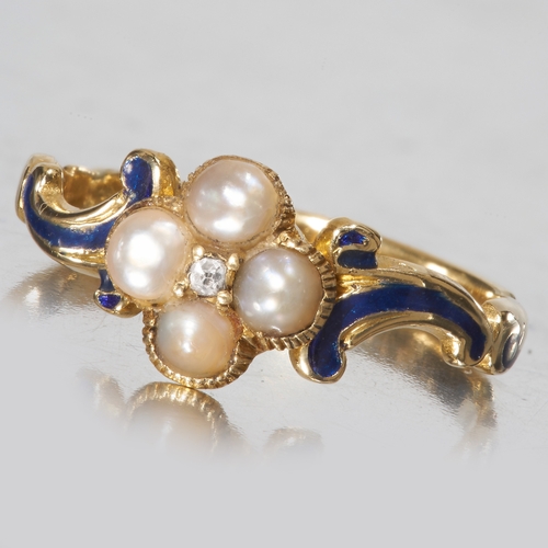 171 - VICTORIAN PEARL ENAMEL AND DIAMOND RING,
18 ct. gold.
Enamel in good condition.
Size L.
2.4 grams.