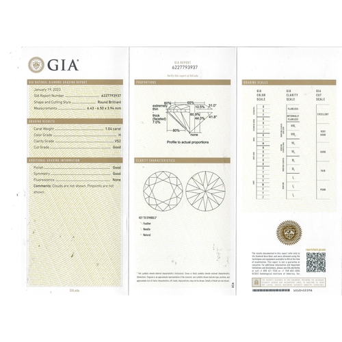 196 - GIA CERTIFICATED 1.04 CT. DIAMOND SOLITAIRE RING, 
Platinum.
Diamond 1.04 ct.
Certificated H Colour,... 