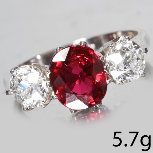 208 - RUBY AND DIAMOND 3-STONE RING,
High carat gold.
Gemstones totalling approx. 3.67 ct.
Rich and vibran... 