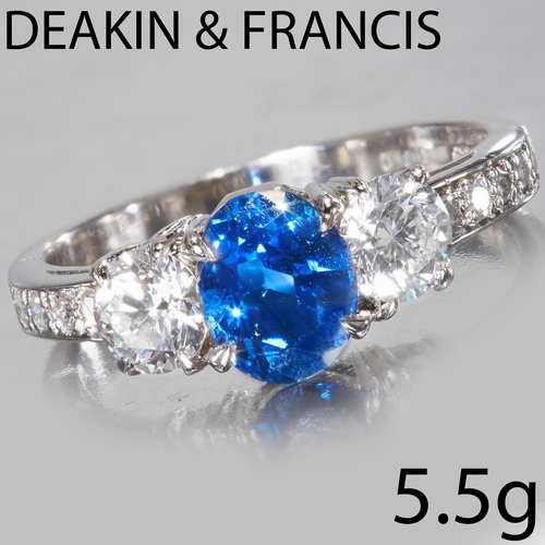 210 - DEAKIN & FRANCIS, SAPPHIRE AND DIAMOND 3-STONE RING,
Platinum.
Gemstones totalling approx. 2.65 ct.
... 