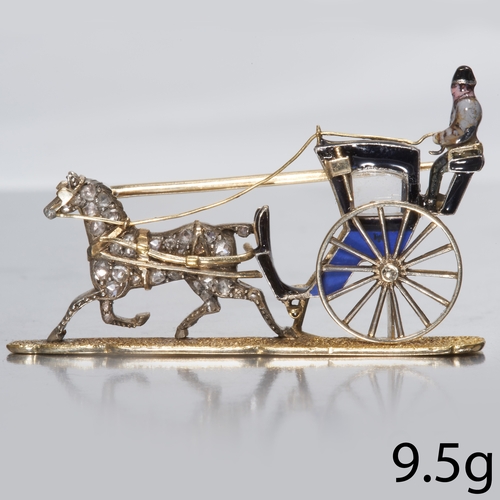 211 - ANTIQUE ENAMEL AND DIAMOND HORSE AND CARRIAGE BROOCH,
Multi-colour enamel in good condition.
Diamond... 