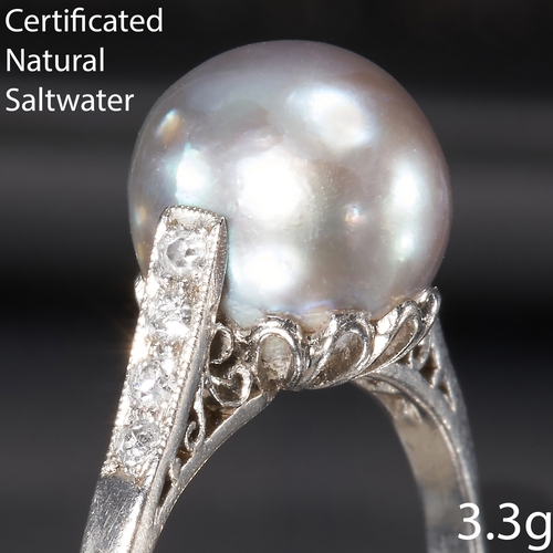 23 - NATURAL SALTWATER PEARL AND DIAMOND RING,
Platinum.
Pearl of approx. 8.9 x 8.9 x 8.9 mm of good lust... 