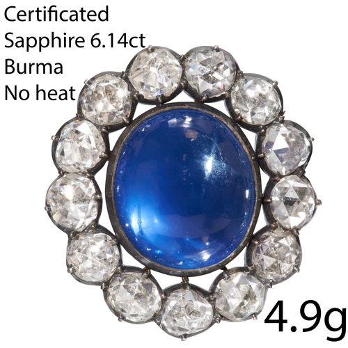 67 - VERY FINE CERTIFICATED BURMA SAPPHIRE AND DIAMOND BROOCH,
Rich and vibrant cabochon cut blue sapphir... 