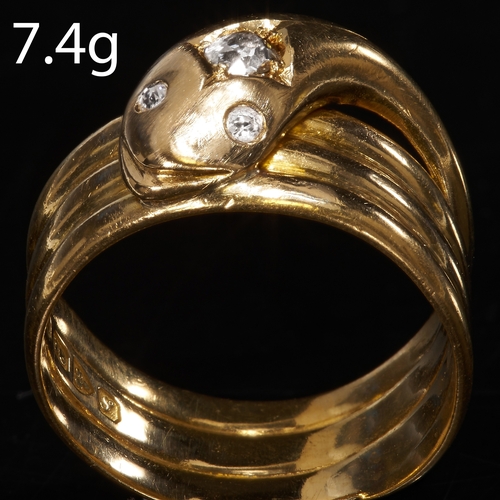 81 - DIAMOND SNAKE RING,
18 ct. gold.
coiled design.
Diamonds bright and lively.
Size N.
7.4 grams.