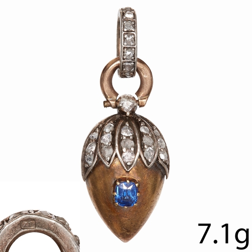 86 - FINE ANTIQUE SAPPHIRE AND DIAMOND ACORN PENDANT
Vibrant blue sapphire.
Acorn top set with bright and... 