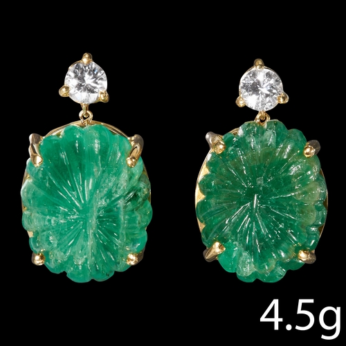 212 - MOGHUL CARVED EMERALD AND DIAMOND EARRINGS 
high carat gold 
rich vibrant emeralds totaling approx 8... 