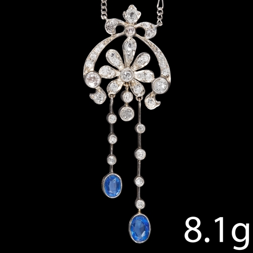 195 - ANTIQUE SAPPHIRE AND DIAMOND NEGLIGE PENDANT NECKLACE,
High carat gold.
Diamonds bright and lively, ... 