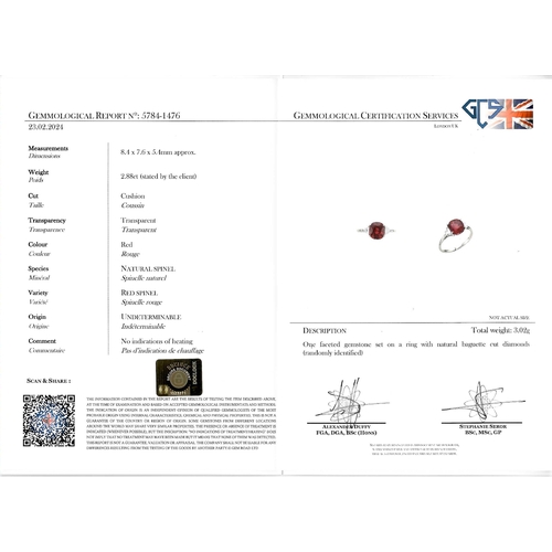 100 - CERTIFICATED RED SPINEL AND DIAMOND RING,
High carat gold.
rich and vibrant red spinel of approx. 2.... 