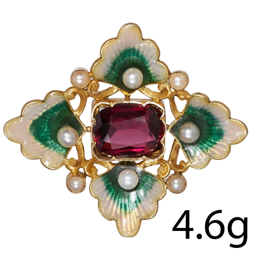 104 - ANTIQUE GARNET PEARL AND ENAMEL BROOCH, 
Set with a garnet to the center, 
The surmount of stylised ... 