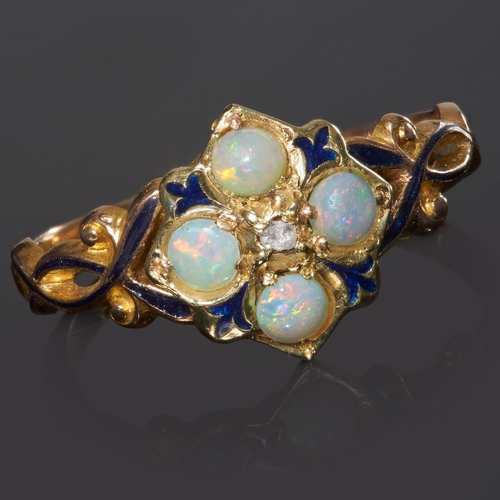 105 - VICTORIAN OPAL DIAMOND AND ENAMEL RING,
15 ct. gold.
Opals with good play of colour.
Enamel in good ... 