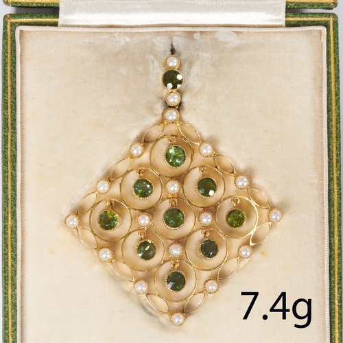 106 - EDWARDIAN GREEN TOURMALINE AND PEARL PENDANT,
High carat gold.
Green tourmalines well matched and ar... 