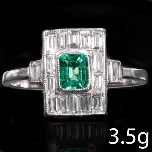 120 - ART DECO EMERALD AND DIAMOND RING.
18ct gold.
Set with vibrant emerald.
Bright and lively diamonds.
... 