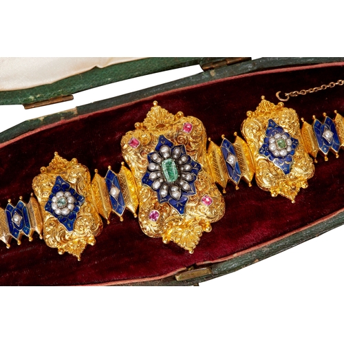 122 - RARE ANTIQUE EMERALD RUBY PEARL AND ENAMEL BRACELET, 
high carat gold. 
Beautiful rich blue enamel, ... 