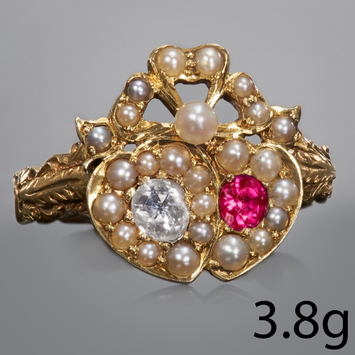 125 - VICTORIAN RUBY DIAMOND AND PEARL DOUBLE HEART RING, 
Bright and lively diamond.
Vibrant ruby.
Pearls... 