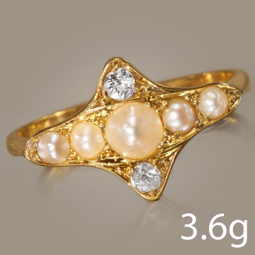 131 - EDWARDIAN PEARL AND DIAMOND RING, 
in 18 ct. gold. 
Diamonds bright and lively.
Size P. 
3.6 grams.
... 