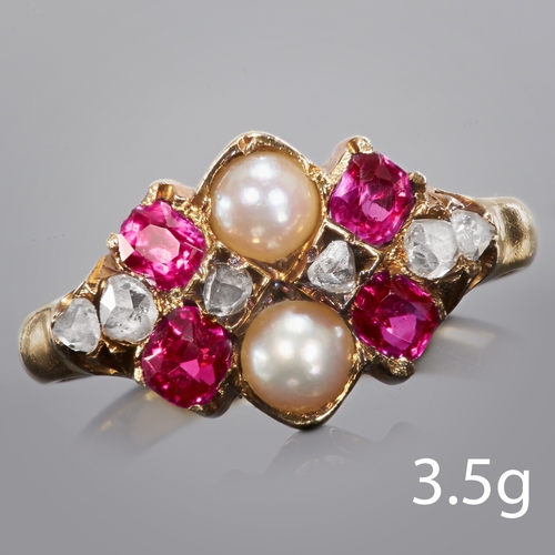 136 - RUBY, DIAMOND AND PEARL RING.
18ct gold.
Set with vibrant rich colour rubies 
Size: K
3.5 grams.