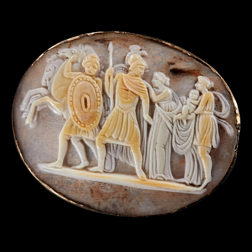 141 - FINE ANTIQUE CUT AGATE CAMEO , FAREWELL TO THE WARRIORS. 
Presumably depicting a Greek scene: 