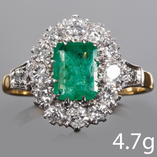 142 - EMERALD AND DIAMOND CLUSTER RING.
High carat gold.
Set with vibrant emerald and bright diamonds.
Tot... 