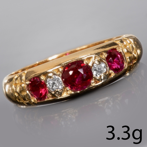 151 - EDWARDIAN RUBY AND DIAMOND FIVE STONE RING.
18ct gold.
Set with vibrant rubies.
Size: P
3.3 grams.