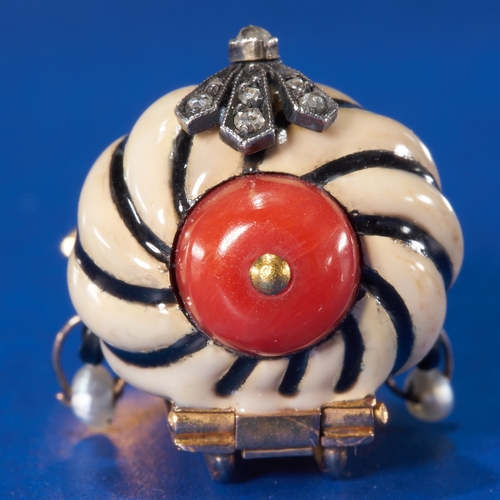 160 - CARTIER, ENAMEL DIAMOND AND CORAL 'BLACKAMOOR' BROOCH,
High carat gold.
The face and turban with ena... 