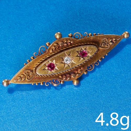 166 - VICTORIAN RUBY AND DIAMOND BROOCH,
15 ct. gold.
Vibrant rubies.
Bright and lively diamonds.
W. 4.7 c... 