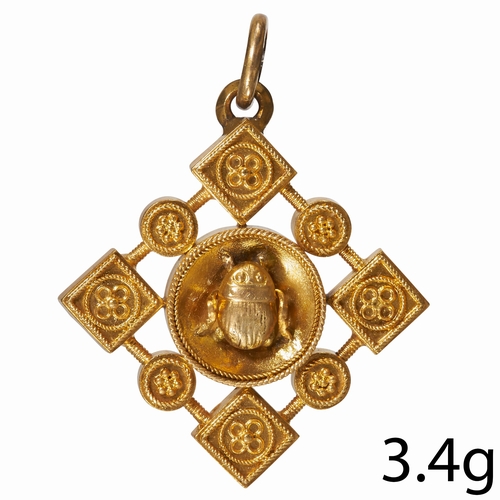 168 - ANTIQUE VICTORIAN ETRUSCAN REVIVAL SCARAB PENDANT,
High carat gold.
The centre set with a scarab.
Fi... 