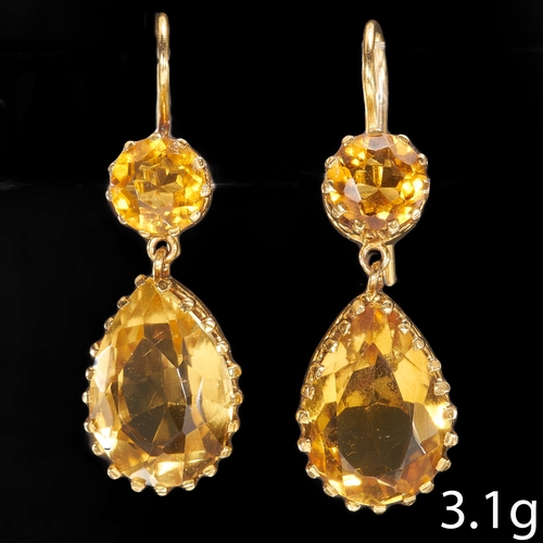 178 - ANTIQUE VICTORIAN PAIR OF CITRINE EARRINGS,
High carat gold.
L. 2.7 cm.
3.1 grams.