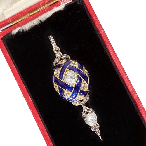 206 - ANTIQUE VICTORIAN HOLBEINESQUE DIAMOND AND ENAMEL PENDANT, 
in high carat gold and silver.
Set with ... 