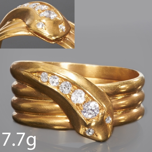 67 - DIAMOND SNAKE RING,
18 ct. gold.
coiled design.
Diamonds bright and lively.
Size T 1/2.
7.7 grams.