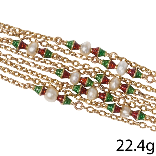 68 - FINE ENAMEL AND PEARL LONG GUARD CHAIN
High carat gold.
The fine links, alternated with multi color ... 