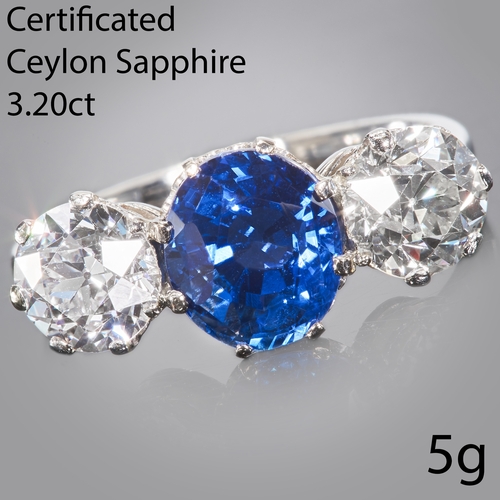69 - CERTIFICATED CEYLON SAPPHIRE AND DIAMOND 3-STONE RING
in high carat gold.
Gemstones totalling approx... 