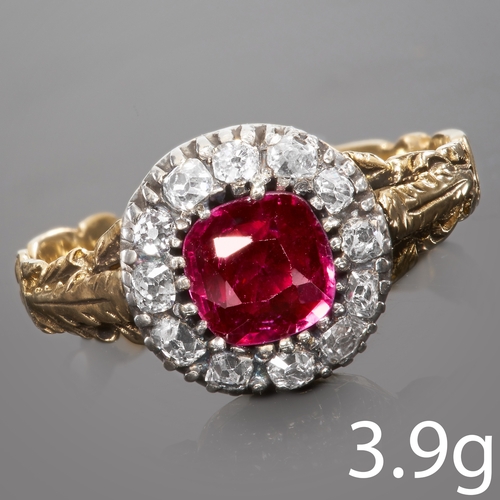 75 - ANTIQUE RUBY AND DIAMOND CLUSTER RING
high carat gold
rich vibrant ruby with no abrasions 
size N 1/... 