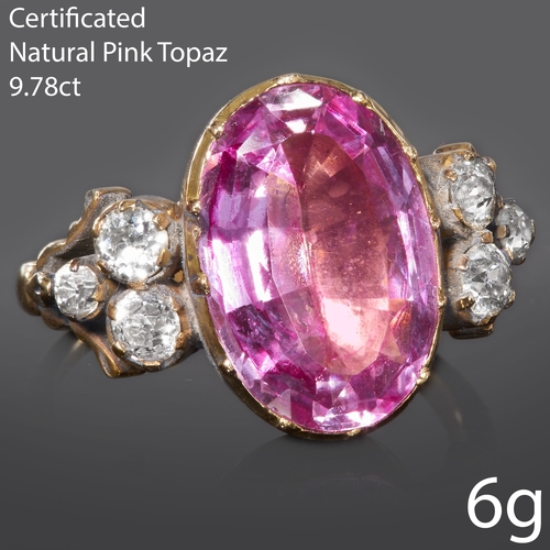 76 - CERTIFICATED PINK TOPAZ AND DIAMOND RING,
High carat gold.
Rich and vibrant pink topaz of approx. 9.... 