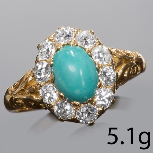 87 - ANTIQUE TURQUOISE AND DIAMOND RING.
high carat gold.
Set with bright and lively diamonds.
Size: N 1/... 