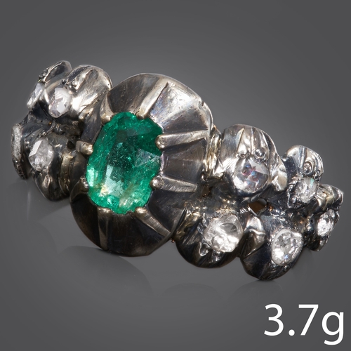 89 - ANTIQUE EMERALD AND DIAMOND RING,
Set with vibrant emerald and rose cut diamonds to the side.
Unusua... 