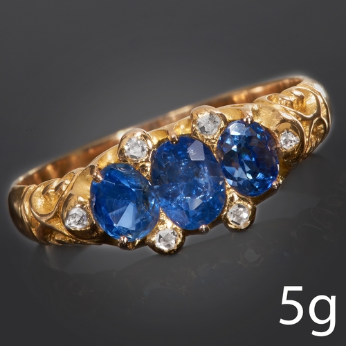 97 - ANTIQUE SAPPHIRE AND ROSE CUT DIAMOND RING.
High carat gold.
Set with vibrant sapphires approx 1.50c... 