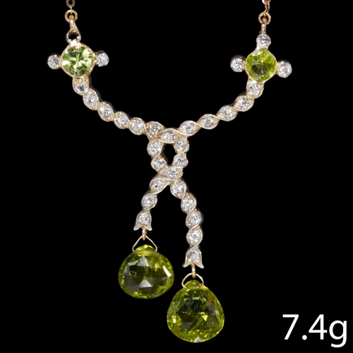 98 - ANTIQUE DIAMOND AND PERIDOT NECKLACE, 
Diamonds bright and lively.
Vibrant peridot, totalling approx... 