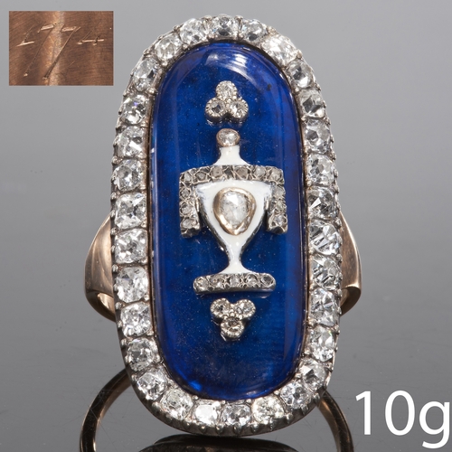117 - FINE AND RARE ANTIQUE GEORGIAN ENAMEL AND DIAMOND RING,
Finely set with a diamond set urn.
Rich blue... 