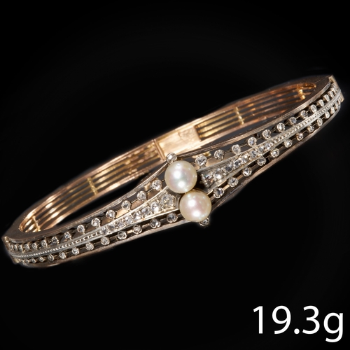 172 - VICTORIAN PEARL AND DIAMOND HINGED BANGLE,
18 ct. gold. French marked.
Pearls well matched approx. 5... 