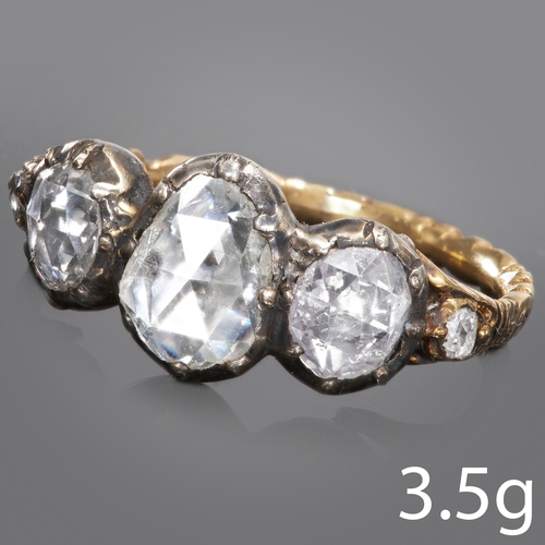 179 - ANTIQUE DIAMOND 3-STONE RING,
Lovely rose cut diamonds.
Largest approx. 7.4 x 5.7 mm.
Size N.
3.5 gr... 