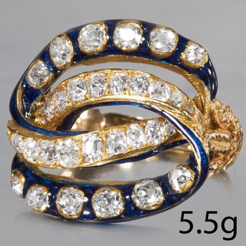 94 - UNUSUAL AND ELEGANT ENAMEL AND DIAMOND RING,
High carat gold.
Diamonds bright and lively, totalling ... 
