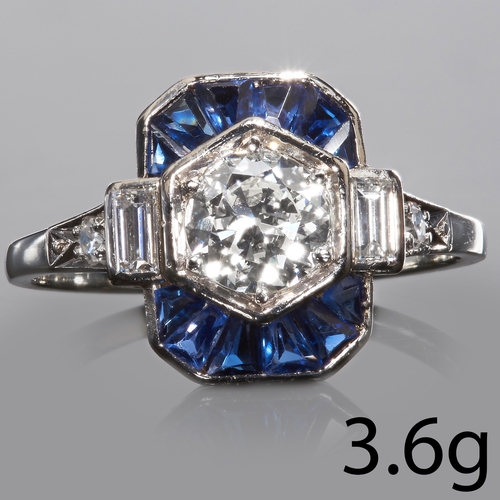 86 - ART DECO DIAMOND AND SAPPHIRE RING.
Set with bright diamonds. In our opinion I-J colour, VS clarity.... 