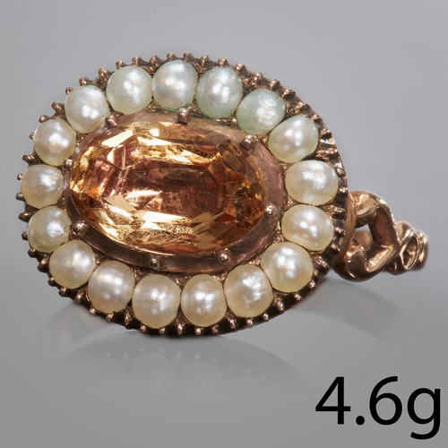 107 - ANTIQUE TOPAZ AND PEARL RING. 
Vibrant topaz of approx. 1.22 ct.
Pearls generally well matched.
Size... 